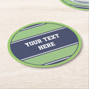RUNDER BUTTON Streifen matt blau grün + Ihr Text Pappuntersetzer
