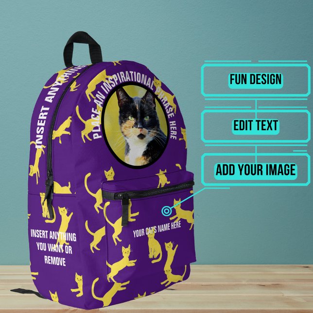 Runder Foto und Lila Text Springen Katze Bedruckter Rucksack (Please enjoy our cat backpack)