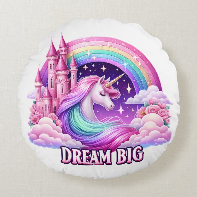 Runder PilloWhimsical Unicorn Burg Regenbogenkisse Rundes Kissen (Vorderseite)