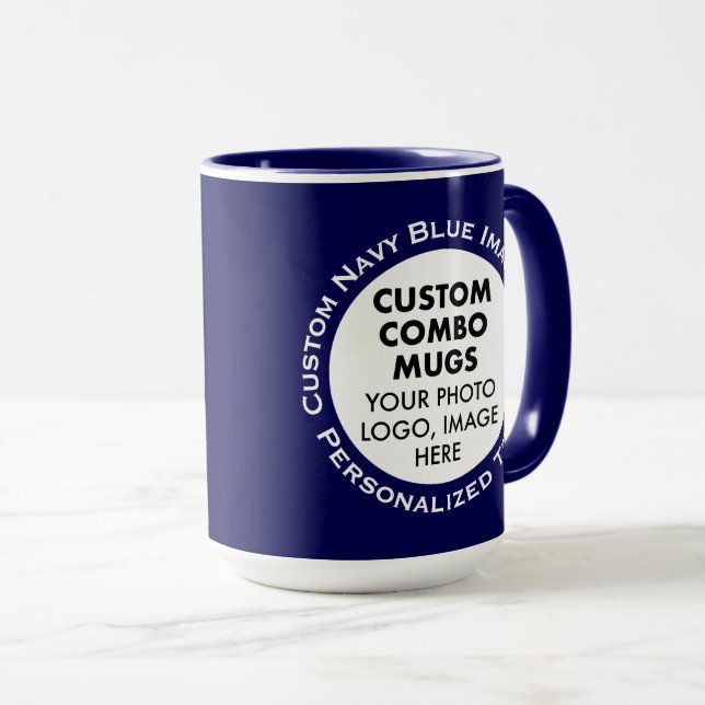 Runder Rahmen 2x Foto Text Groß Navy Custom Combo Tasse (VorderseiteRechts)