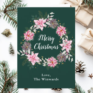 Runder Weihnachtskranz mit rosa Weihnachtssternen Feiertagskarte