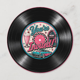 Rundes 50er Retro-Vinyl-Schallplatten-Geburtstagse Einladung