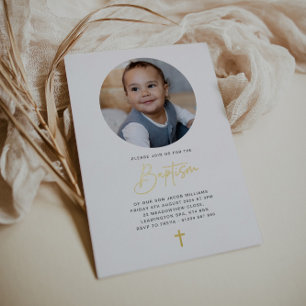 Rundes Foto Minimalistische Taufe - Gold Folieneinladung