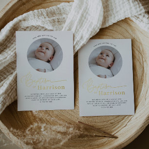 Rundes Foto Taufe - Gold Folieneinladung