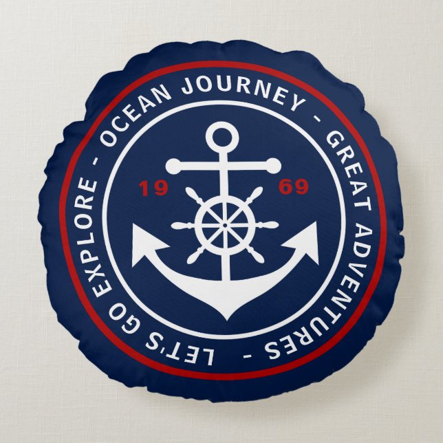 Rundes Marine-Blau-Seekissen mit Anker-Aufkleber Rundes Kissen (Vorderseite)