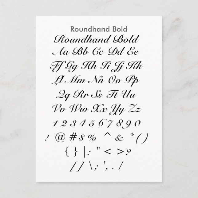 Rundhand Bold - Zazzle Schriftart Sampler Sheet Postkarte (Vorderseite)