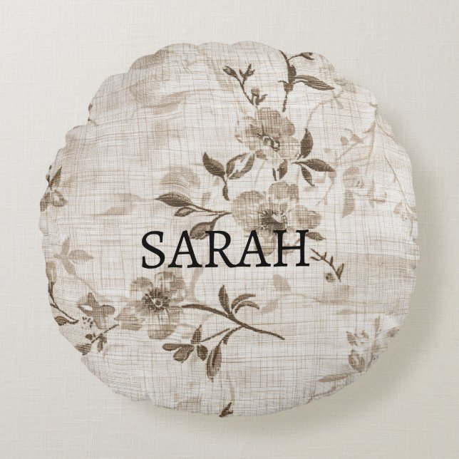 Rundkissen mit braunem Blumenmuster Rundes Kissen (Vorderseite)