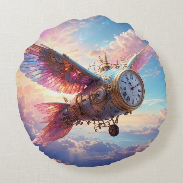 Rundkissen mit fantastischem Flügel mit Uhrengesic Rundes Kissen (Rückseite)