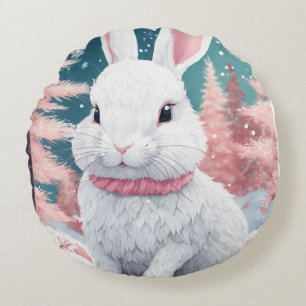 Rundkissen"Whimsical Elegante: Weiße Kaninchenecke Rundes Kissen