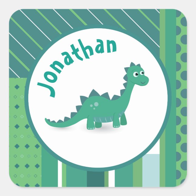 Rundrahmen in grün/blau mit niedlichem Dinosaurier Quadratischer Aufkleber (Vorderseite)