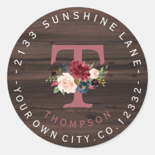 Rundschreiben für die Merlot-Navy-Floral-Monogramm Runder Aufkleber