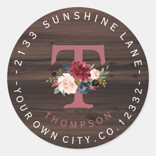 Rundschreiben für die Merlot-Navy-Floral-Monogramm Runder Aufkleber (Vorderseite)