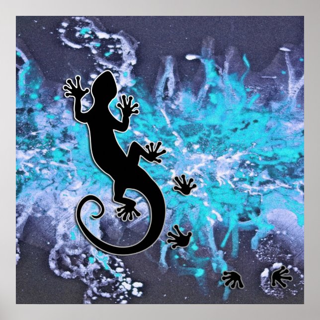Running Gecko | Blauer Spritzer Poster (Vorne)