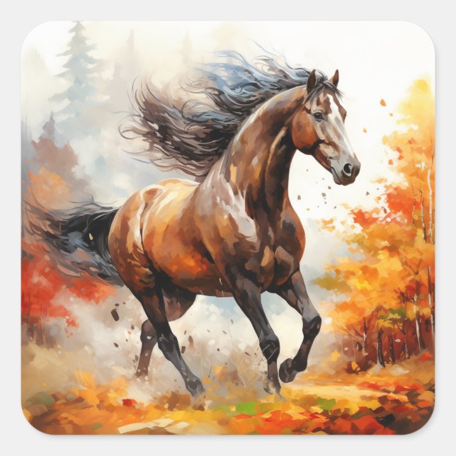 Running Horse in Autumn Quadratischer Aufkleber (Vorderseite)
