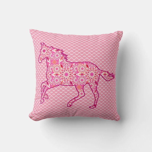 Running Horse Silhouette, Fuchsia und Coral Pink Kissen (Vorderseite)