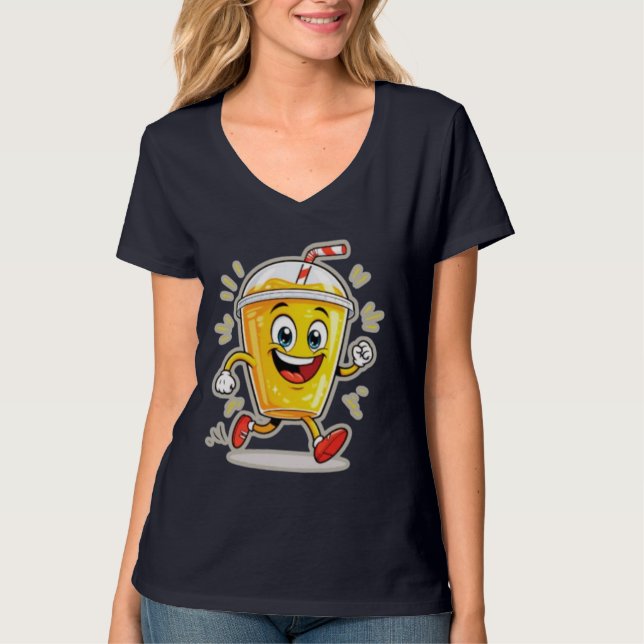 **Running Juice Cup Cartoon – Fun Street Drink Cha T-Shirt (Vorderseite)
