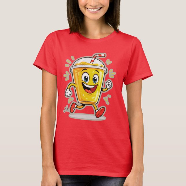 **Running Juice Cup Cartoon – Fun Street Drink Cha T-Shirt (Vorderseite)