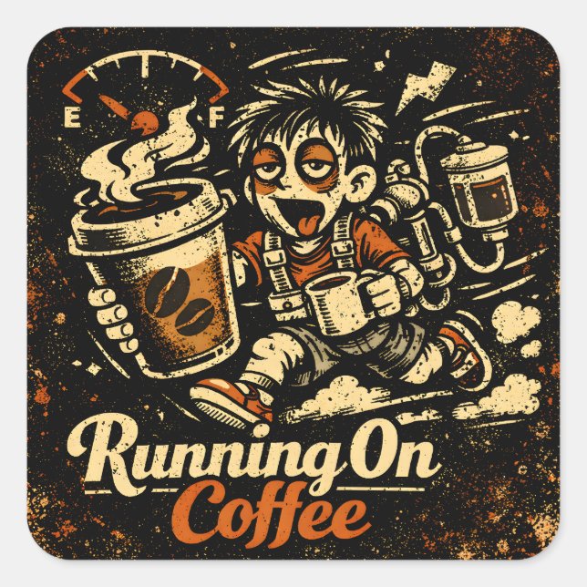Running On Coffee – Caffeinated Humor Survival Quadratischer Aufkleber (Vorderseite)