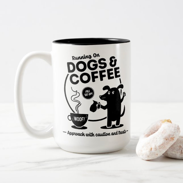 Running on Dogs and Coffee 15 oz. Zweifarbige Tasse (Mit Donut)