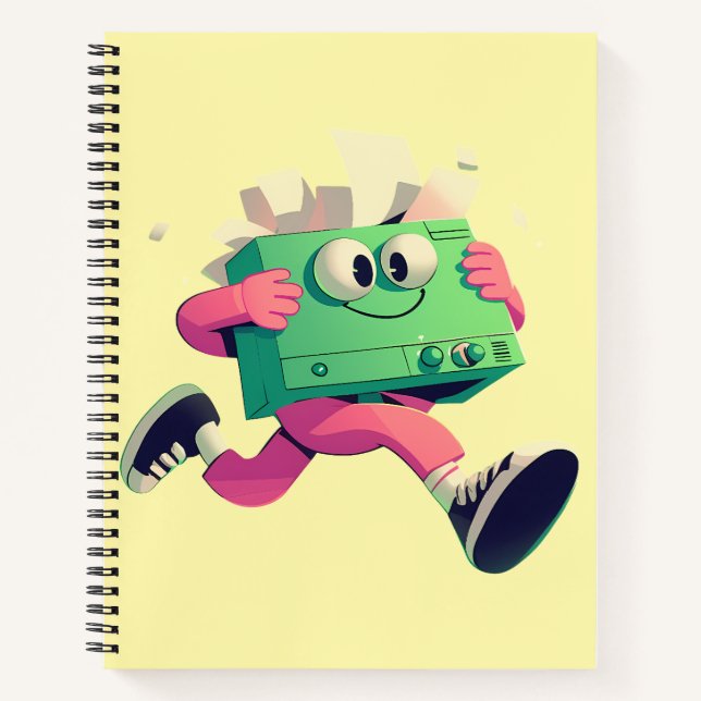 Running Printer with Flying Papers – Tech Humor Notizbuch (Vorderseite)