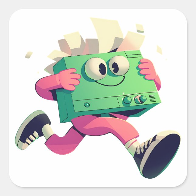 Running Printer with Flying Papers – Tech Humor Quadratischer Aufkleber (Vorderseite)