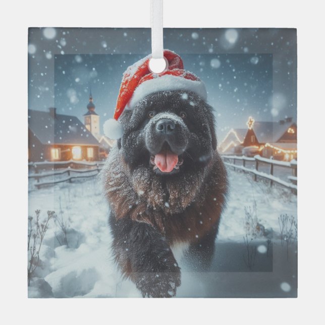 Running Santa Newfie Ornament Aus Glas (Vorderseite)