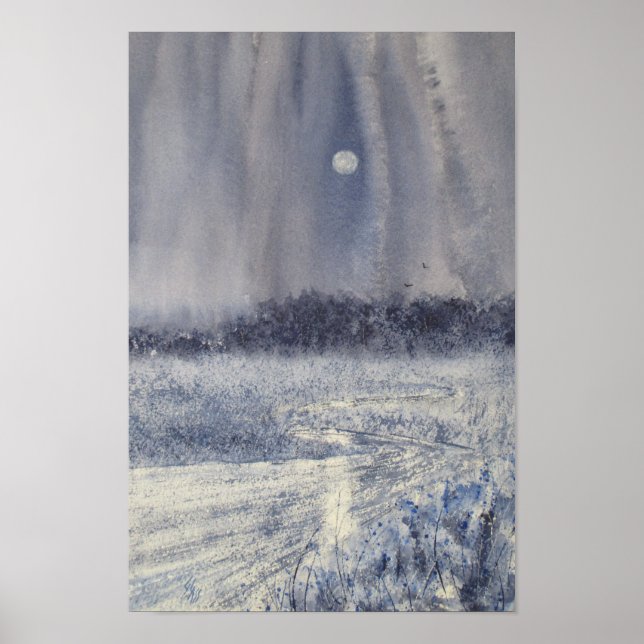 Rushing Creek under Moon Aquarell Print Poster (Vorne)