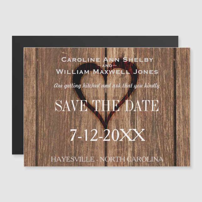 Rusic Wood und Gravur Herz Save the Date Magneteinladung (Vorne/Hinten)
