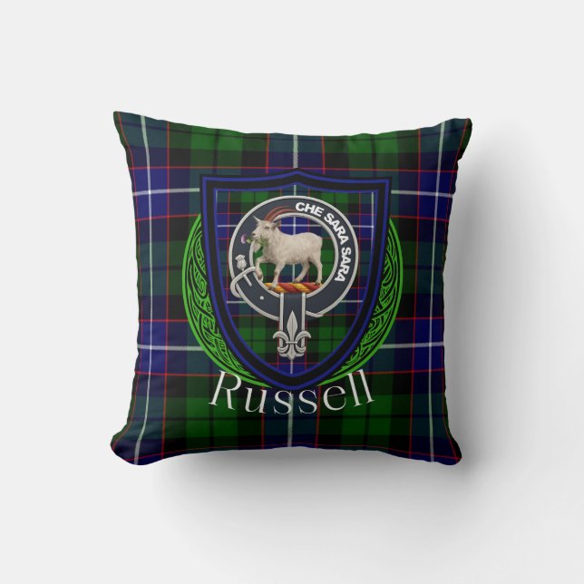 Russell Scottish Clan Tartan & Crest Kissen (Vorderseite)