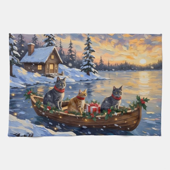Russian Blue Cat Christmas Boat Holiday Geschirrtuch (Horizontal)