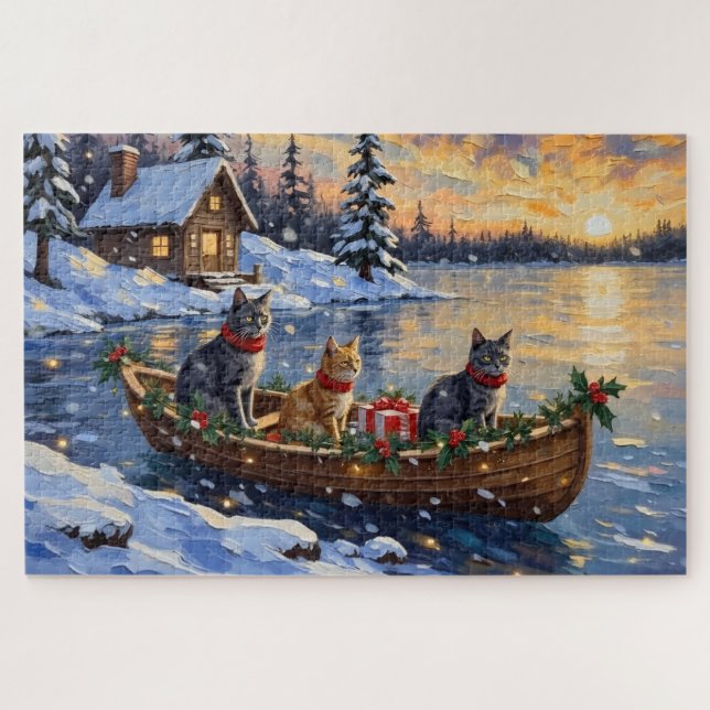 Russian Blue Cat Christmas Boat Holiday Puzzle (Horizontal)