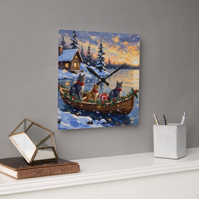 Russian Blue Cat Christmas Boat Holiday Quadratische Wanduhr (Büro)