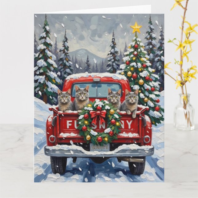 Russian Blue Cat Christmas Red Truck Holiday Karte (Gelbe Blume)