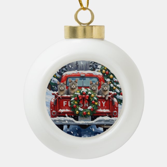 Russian Blue Cat Christmas Red Truck Holiday Keramik Kugel-Ornament (Vorderseite)