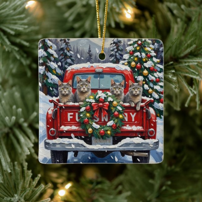 Russian Blue Cat Christmas Red Truck Holiday Keramikornament (Baum)