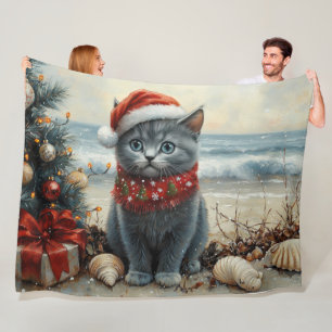 Russian Blue Cat Christmas Vintag Beach Fleecedecke