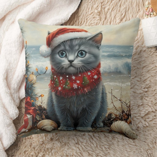 Russian Blue Cat Christmas Vintag Beach Kissen (Decke)