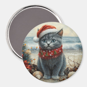Russian Blue Cat Christmas Vintag Beach Magnet