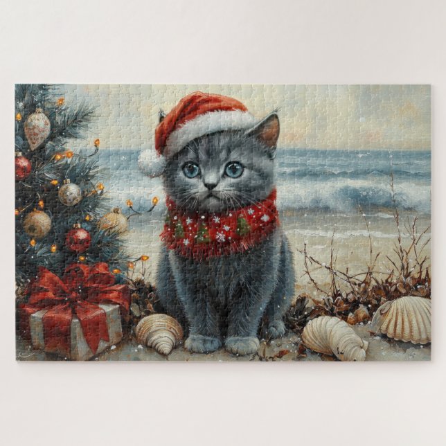 Russian Blue Cat Christmas Vintag Beach Puzzle (Horizontal)