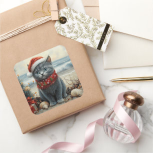 Russian Blue Cat Christmas Vintag Beach Quadratischer Aufkleber