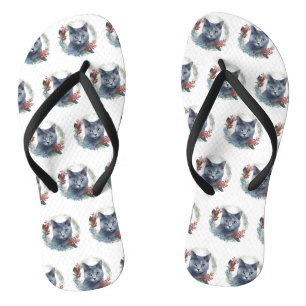 Russian Blue Cat Christmas Wreath Festive Kitten Flip Flops