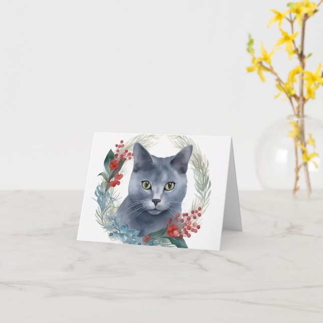 Russian Blue Cat Christmas Wreath Festive Kitten Karte (Gelbe Blume)
