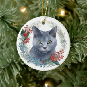 Russian Blue Cat Christmas Wreath Festive Kitten Keramik Ornament