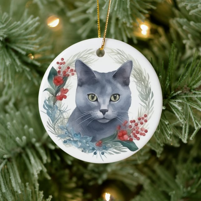 Russian Blue Cat Christmas Wreath Festive Kitten Keramik Ornament (Baum)