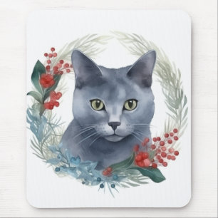 Russian Blue Cat Christmas Wreath Festive Kitten Mousepad