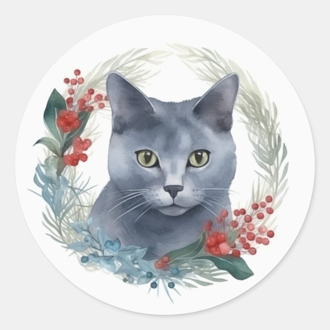 Russian Blue Cat Christmas Wreath Festive Kitten Runder Aufkleber (Vorderseite)