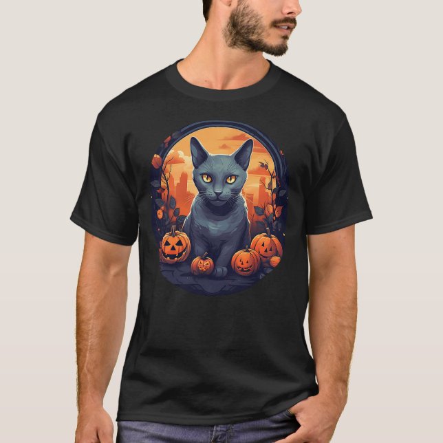 Russian Blue Cat, Halloween Pumpkin, Love Cats T-Shirt (Vorderseite)