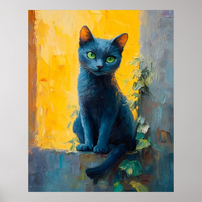 Russian Blue Cat in Golden Light – Peaceful Ledge  Poster (Vorne)