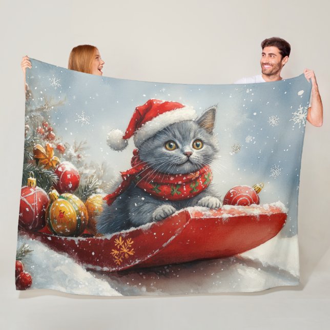 Russian Blue Cat in Sledge Let it Snow Christmas Fleecedecke (Beispiel)