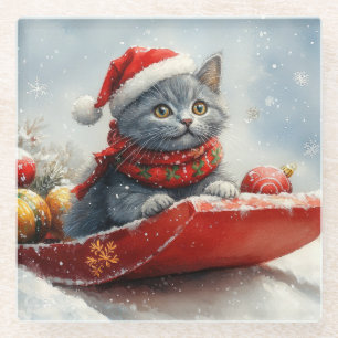 Russian Blue Cat in Sledge Let it Snow Christmas Glasuntersetzer
